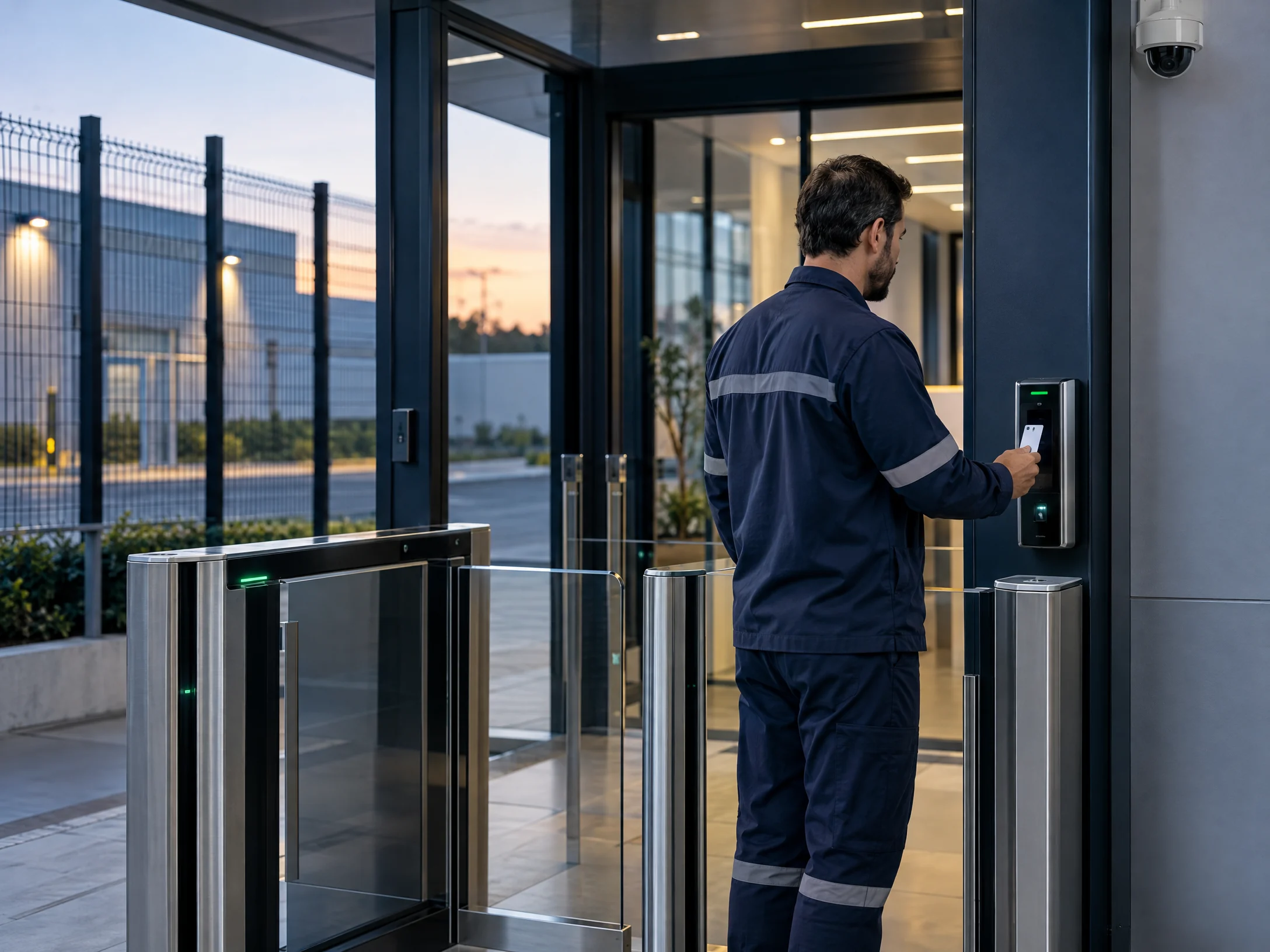 Profissional operando leitor eletrônico em uma entrada automatizada com controle de acesso